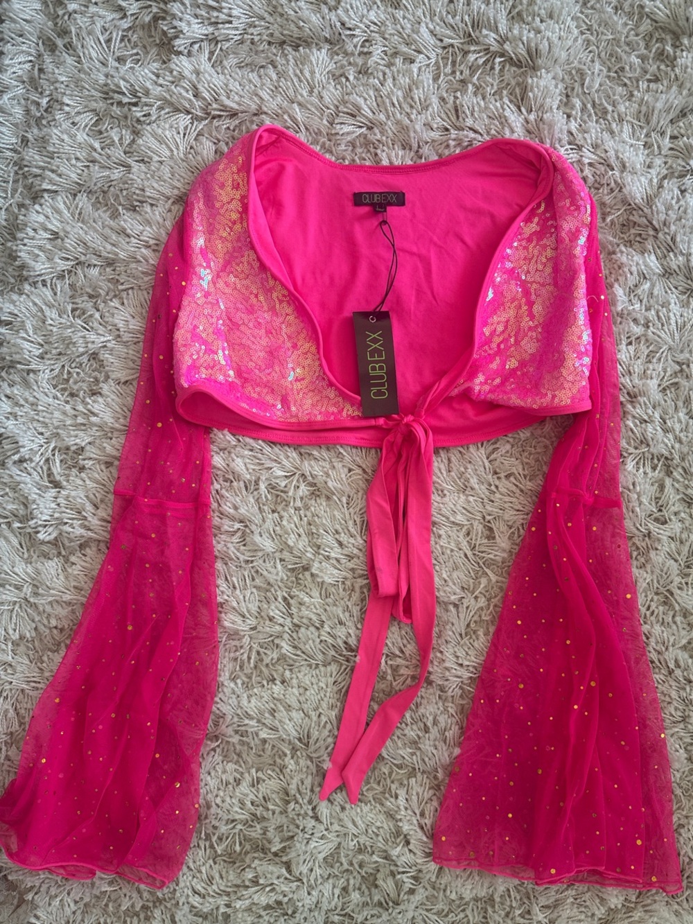 Club Exx Hot Pink Tie-Front Top with Sheer Sparkle Sleeves